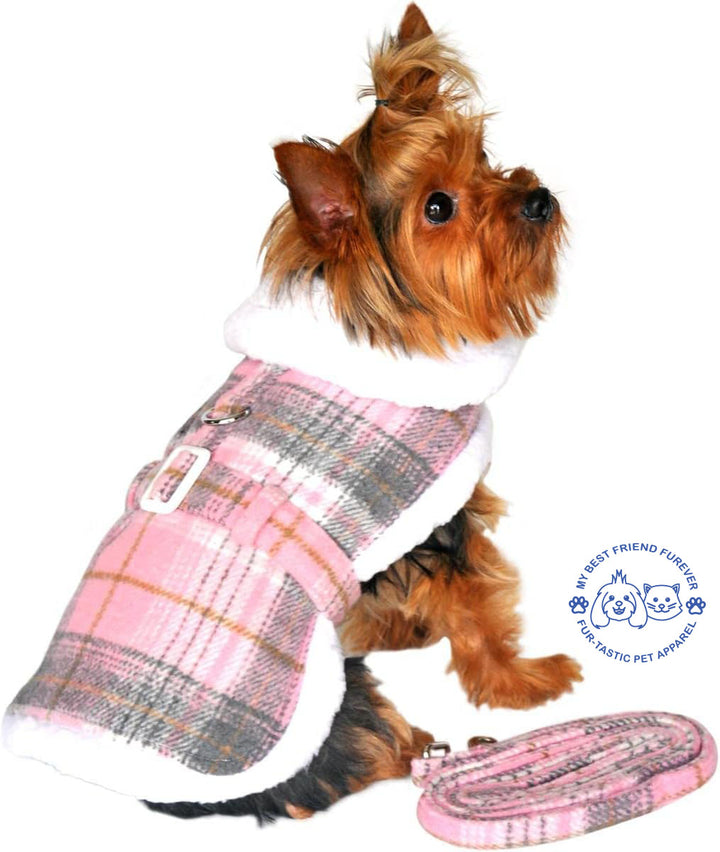 Sherpa Lined Dog Harness Coat - Designer Classic with Warm Fleece Collar & Leash - High-Quality Cotton/Polyblend Outer