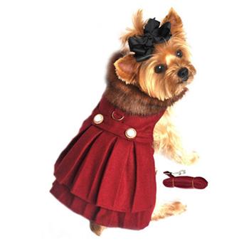 Wool Dog Coat with Faux Fur Collar - Harness Style with Black Fur Trim and Accent Buttons - Elegant Pet Outerwear