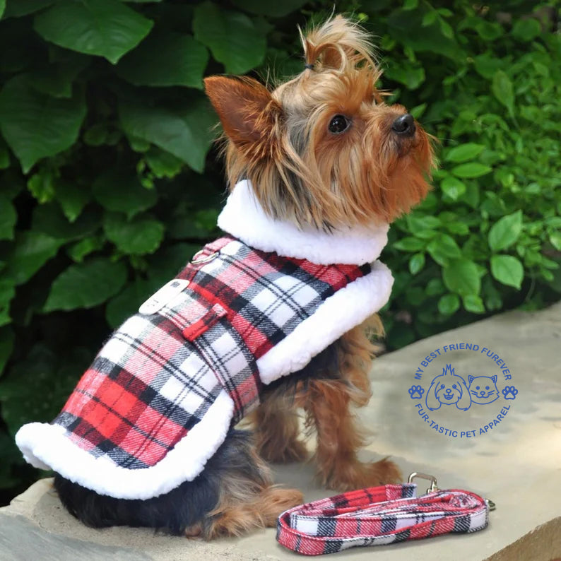 Sherpa Lined Dog Harness Coat - Designer Classic with Warm Fleece Collar & Leash - High-Quality Cotton/Polyblend Outer