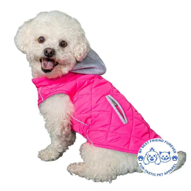 Quilted Weekender Dog Sweatshirt Hoodie -Zip-Off Hood & Reflective Stripes - Cozy Jersey Lined Puffer for Pets