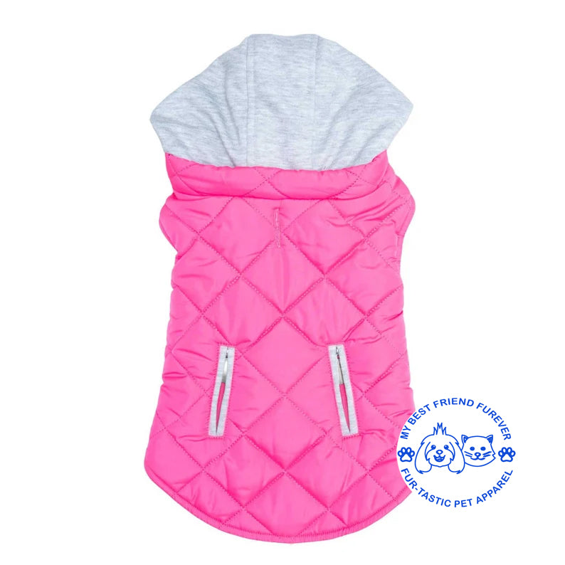 Quilted Weekender Dog Sweatshirt Hoodie -Zip-Off Hood & Reflective Stripes - Cozy Jersey Lined Puffer for Pets