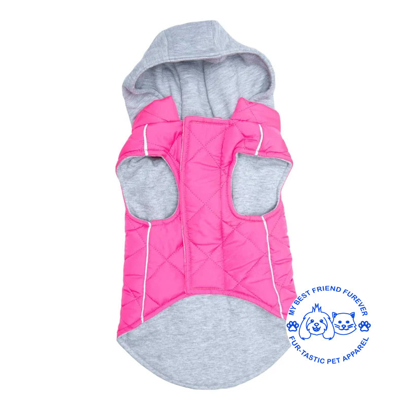 Quilted Weekender Dog Sweatshirt Hoodie -Zip-Off Hood & Reflective Stripes - Cozy Jersey Lined Puffer for Pets