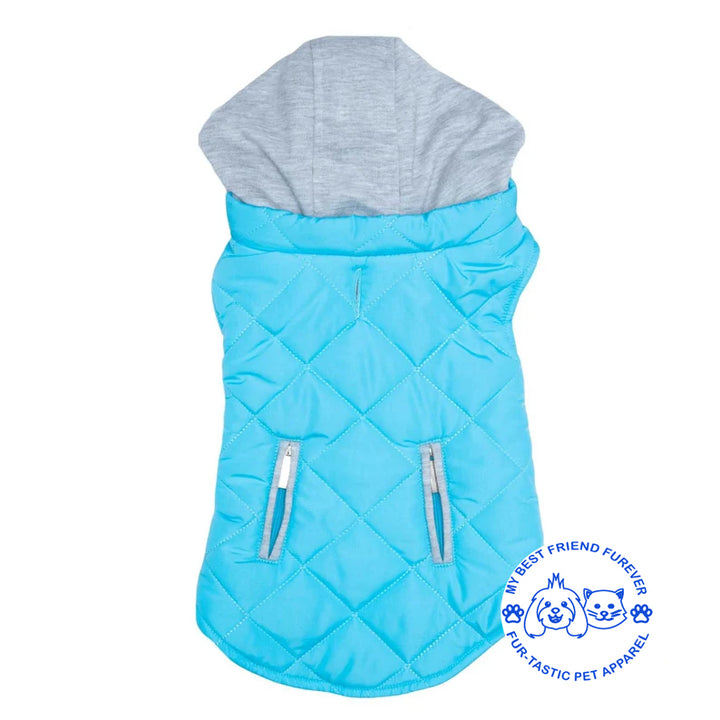 Quilted Weekender Dog Sweatshirt Hoodie -Zip-Off Hood & Reflective Stripes - Cozy Jersey Lined Puffer for Pets