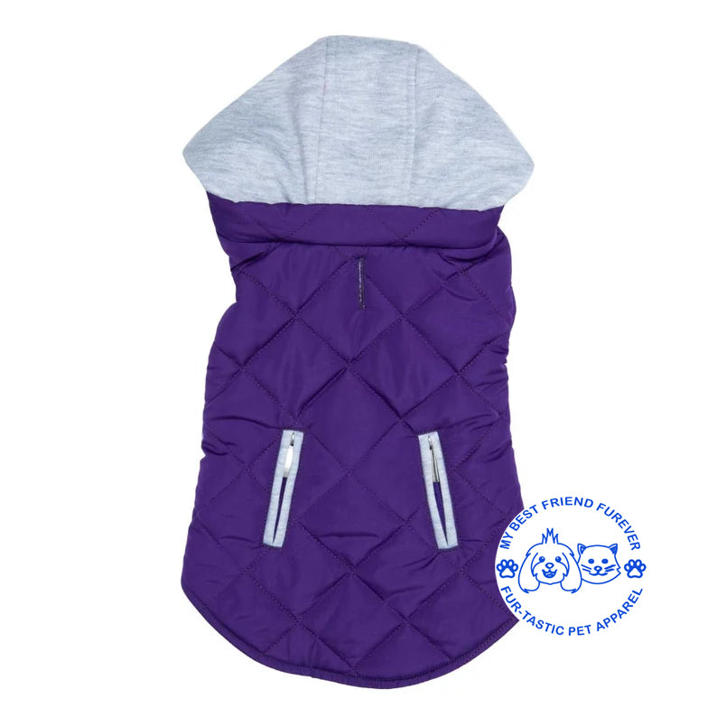 Quilted Weekender Dog Sweatshirt Hoodie -Zip-Off Hood & Reflective Stripes - Cozy Jersey Lined Puffer for Pets