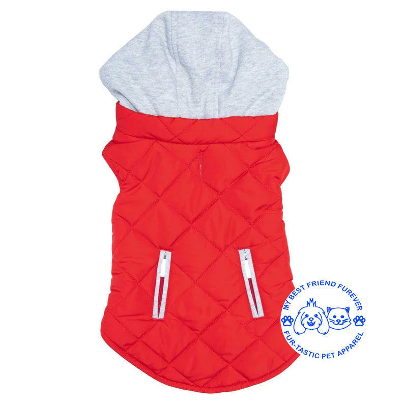 Quilted Weekender Dog Sweatshirt Hoodie -Zip-Off Hood & Reflective Stripes - Cozy Jersey Lined Puffer for Pets