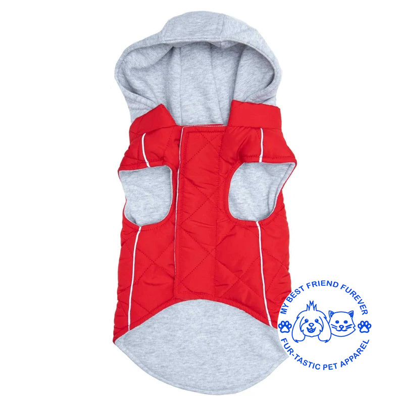 Quilted Weekender Dog Sweatshirt Hoodie -Zip-Off Hood & Reflective Stripes - Cozy Jersey Lined Puffer for Pets