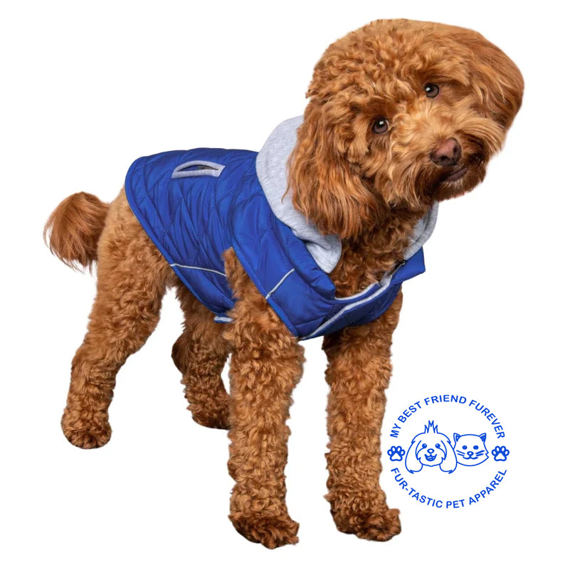 Quilted Weekender Dog Sweatshirt Hoodie -Zip-Off Hood & Reflective Stripes - Cozy Jersey Lined Puffer for Pets