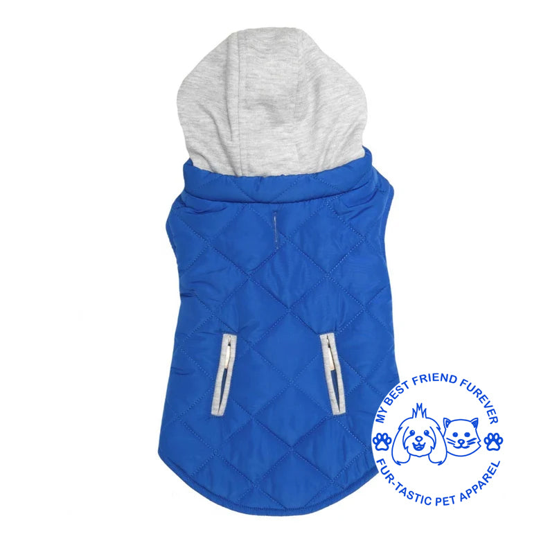 Quilted Weekender Dog Sweatshirt Hoodie -Zip-Off Hood & Reflective Stripes - Cozy Jersey Lined Puffer for Pets