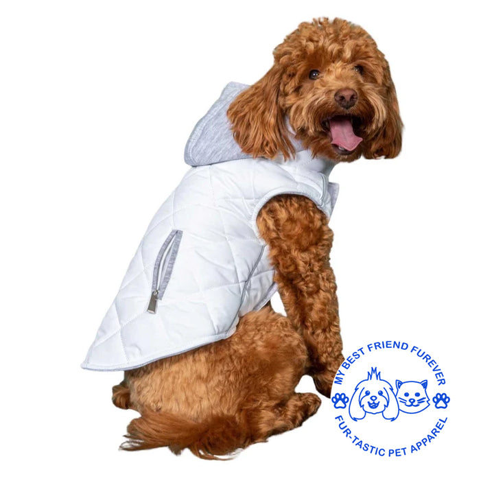 Quilted Weekender Dog Sweatshirt Hoodie -Zip-Off Hood & Reflective Stripes - Cozy Jersey Lined Puffer for Pets