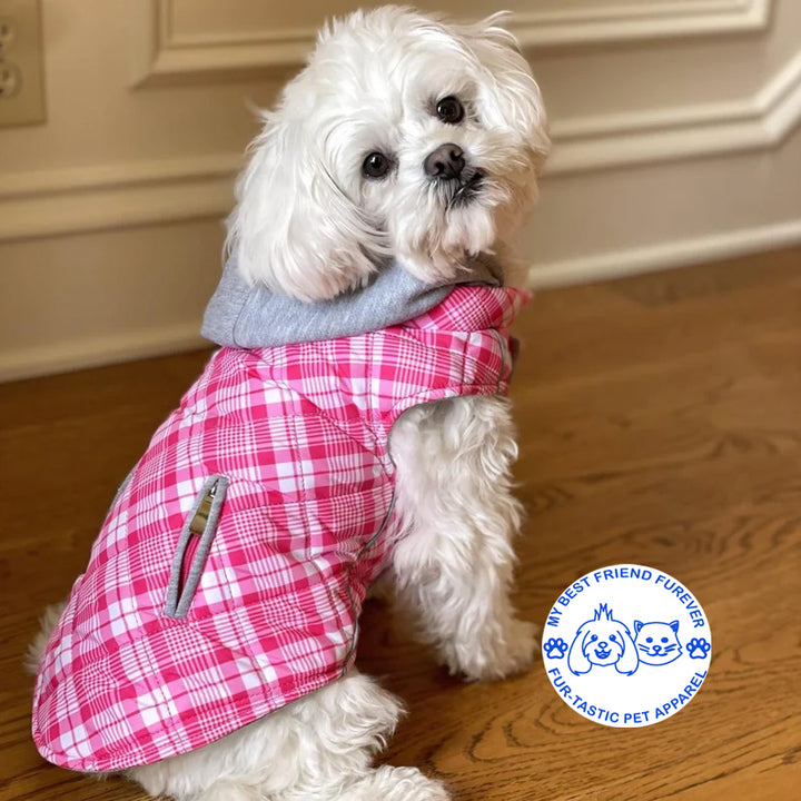 Plaid Weekender Dog Sweatshirt Hoodie - Quilted, Reflective & Jersey-Lined Puffer with Zip-Off Hood - Stylish Pet Outerwear