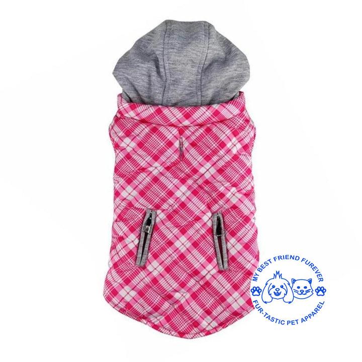 Plaid Weekender Dog Sweatshirt Hoodie - Quilted, Reflective & Jersey-Lined Puffer with Zip-Off Hood - Stylish Pet Outerwear