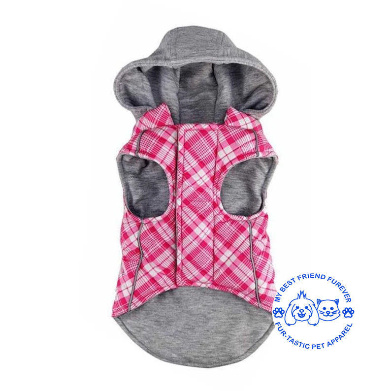 Plaid Weekender Dog Sweatshirt Hoodie - Quilted, Reflective & Jersey-Lined Puffer with Zip-Off Hood - Stylish Pet Outerwear