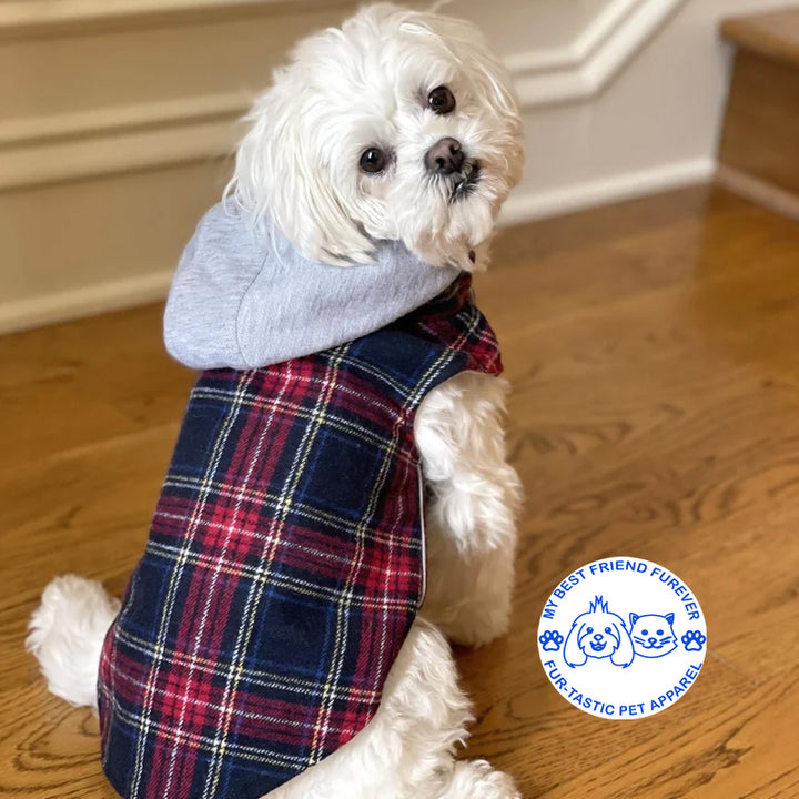 Plaid Weekender Dog Sweatshirt Hoodie - Quilted, Reflective & Jersey-Lined Puffer with Zip-Off Hood - Stylish Pet Outerwear