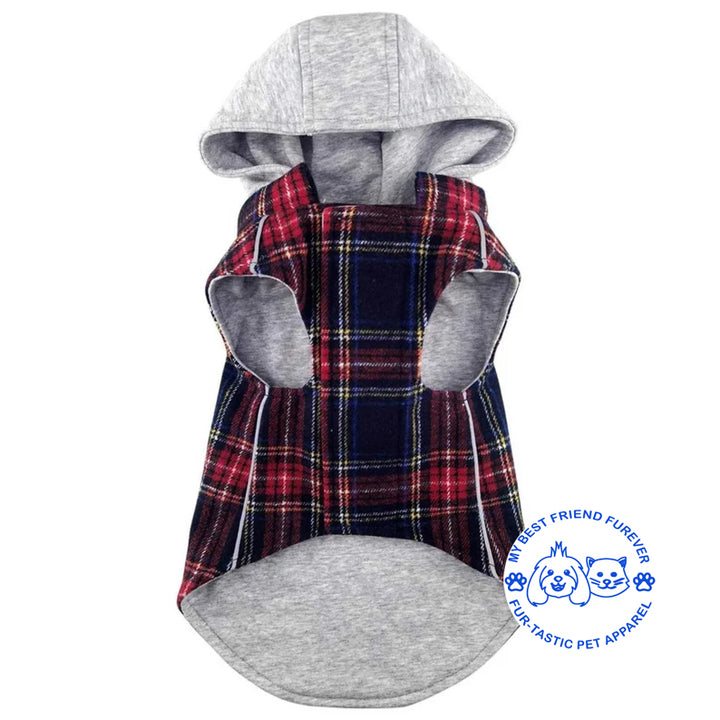 Plaid Weekender Dog Sweatshirt Hoodie - Quilted, Reflective & Jersey-Lined Puffer with Zip-Off Hood - Stylish Pet Outerwear