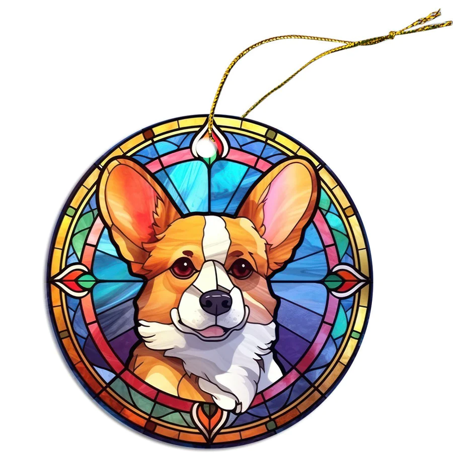 Corgi Christmas Ornament in Stained Glass Style