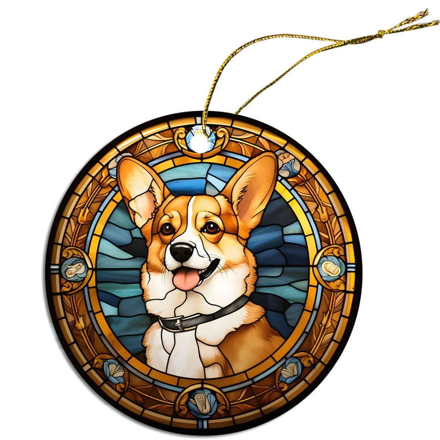 Corgi Christmas Ornament in Stained Glass Style