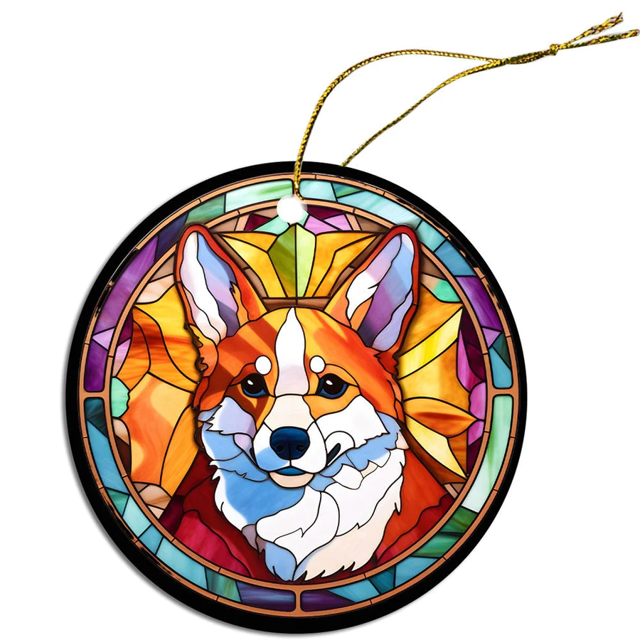 Corgi Christmas Ornament in Stained Glass Style