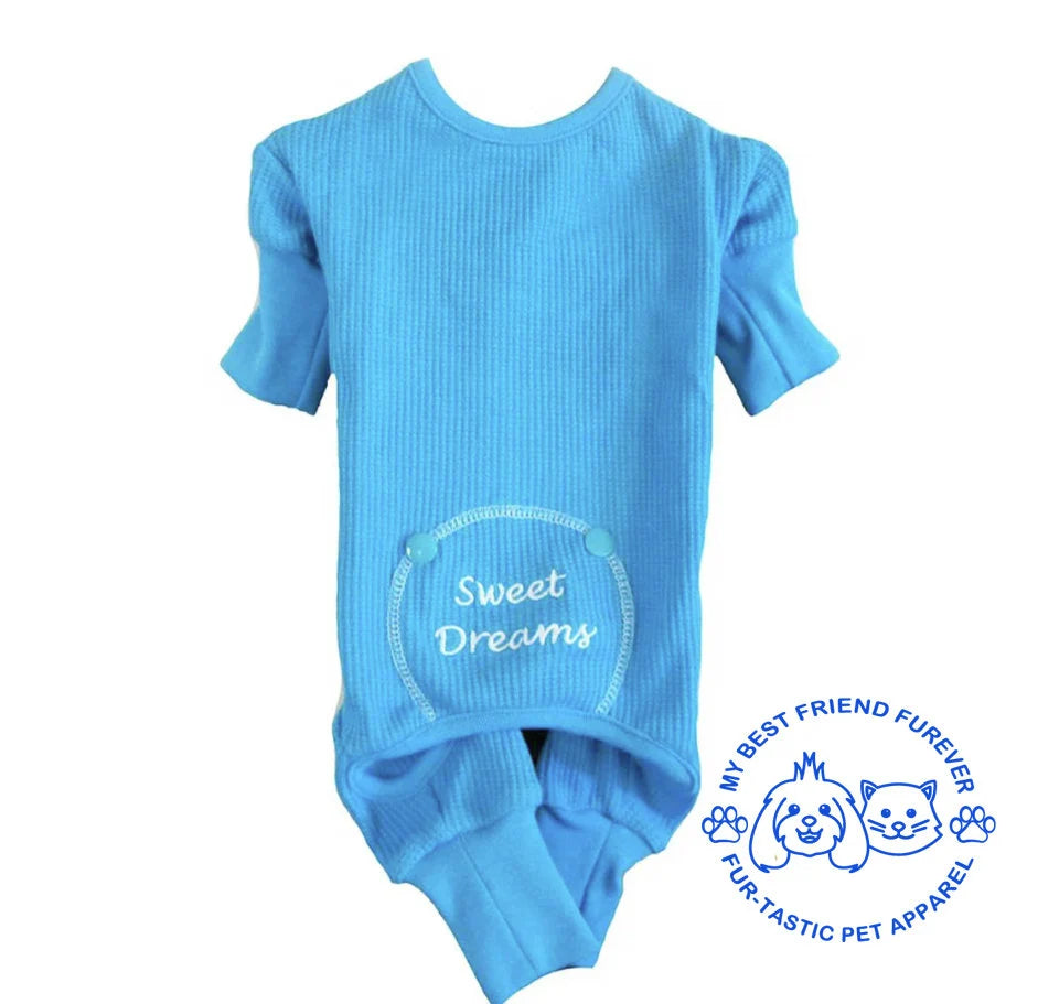 Sweet Dreams Embroidered Dog Pajamas - Stylish Pet Sleepwear in Various Colors with Open Tail End