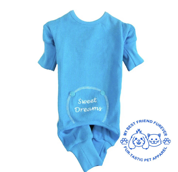 Sweet Dreams Embroidered Dog Pajamas - Stylish Pet Sleepwear in Various Colors with Open Tail End