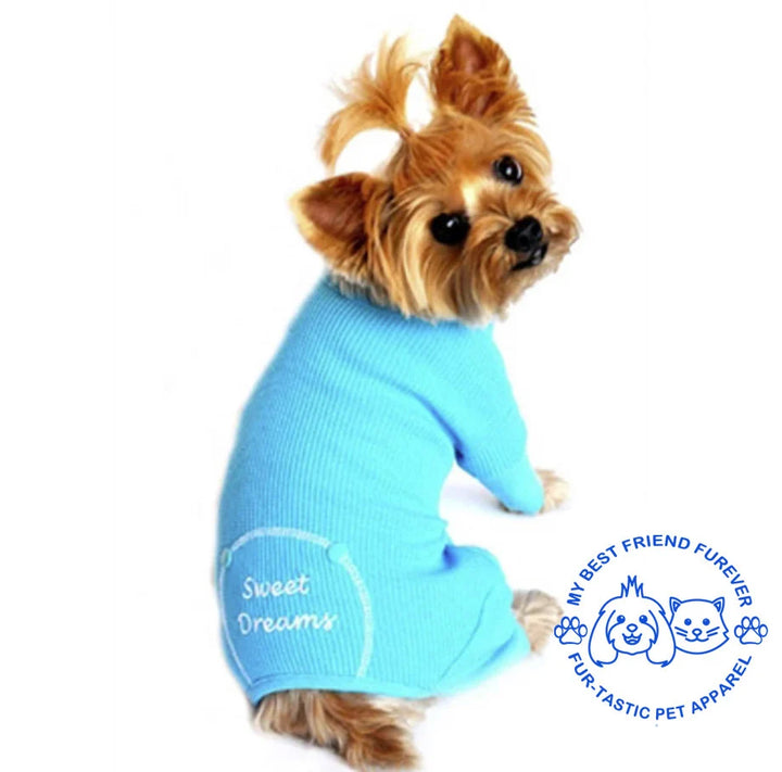 Sweet Dreams Embroidered Dog Pajamas - Stylish Pet Sleepwear in Various Colors with Open Tail End