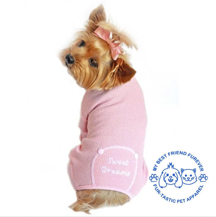 Sweet Dreams Embroidered Dog Pajamas - Stylish Pet Sleepwear in Various Colors with Open Tail End