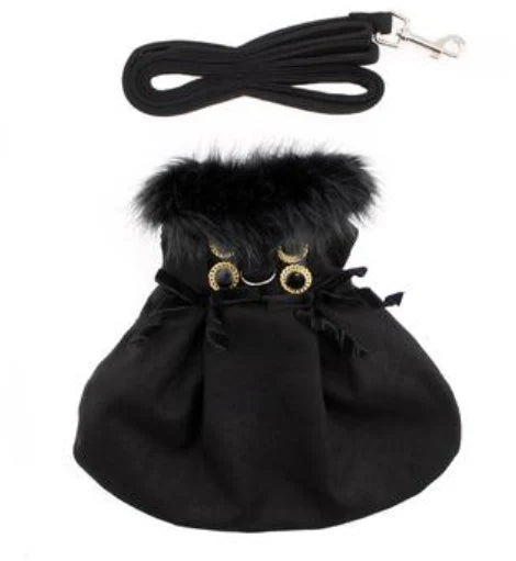 Wool Dog Coat with Faux Fur Collar - Harness Style with Black Fur Trim and Accent Buttons - Elegant Pet Outerwear