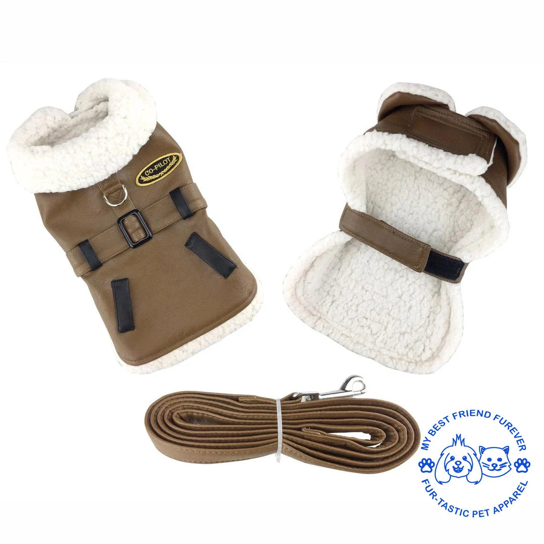 Classic Bomber and Flight Harness Coats for Dogs - Faux Leather with Shearling Lining & Matching Leash