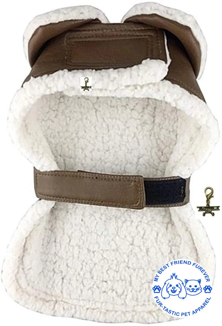 Classic Bomber and Flight Harness Coats for Dogs - Faux Leather with Shearling Lining & Matching Leash