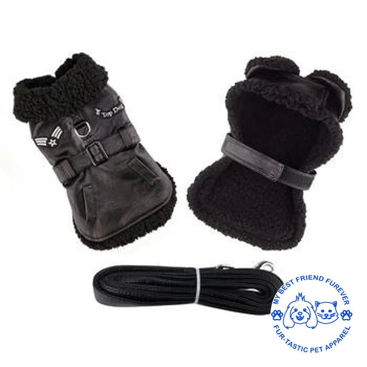 Classic Bomber and Flight Harness Coats for Dogs - Faux Leather with Shearling Lining & Matching Leash