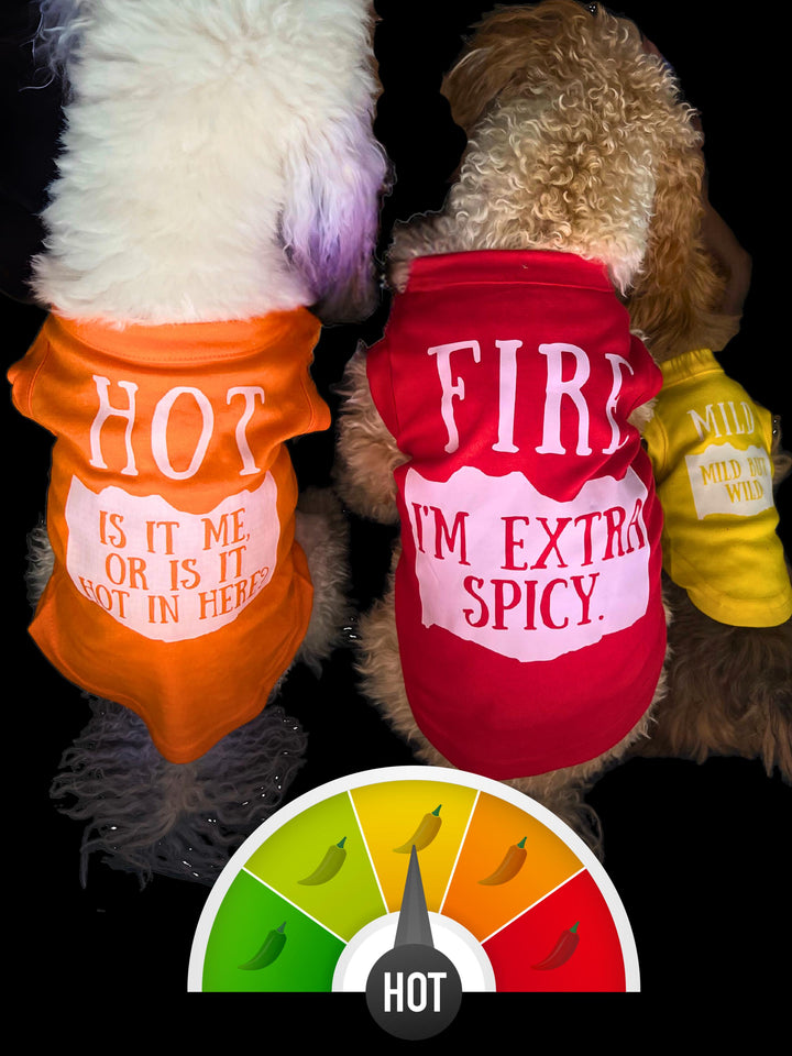 Spicy Pup Shirt: Hot Sauce Wrapper Dog Tee – Choose Your Heat Level-Halloween Dog Shirt