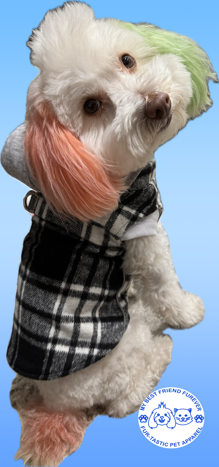 Plaid Weekender Dog Sweatshirt Hoodie - Quilted, Reflective & Jersey-Lined Puffer with Zip-Off Hood - Stylish Pet Outerwear