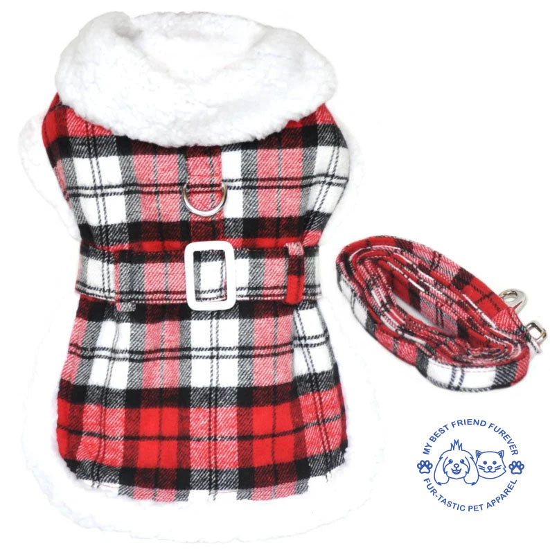 Sherpa Lined Dog Harness Coat - Designer Classic with Warm Fleece Collar & Leash - High-Quality Cotton/Polyblend Outer