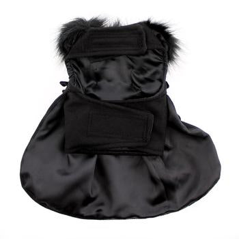 Wool Dog Coat with Faux Fur Collar - Harness Style with Black Fur Trim and Accent Buttons - Elegant Pet Outerwear