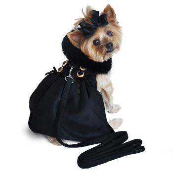 Wool Dog Coat with Faux Fur Collar - Harness Style with Black Fur Trim and Accent Buttons - Elegant Pet Outerwear