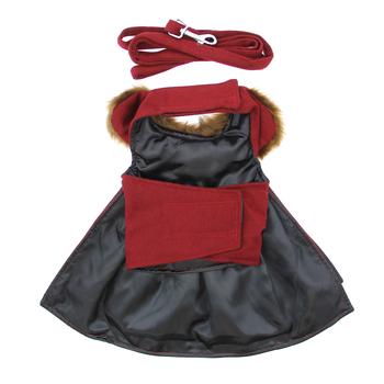 Wool Dog Coat with Faux Fur Collar - Harness Style with Black Fur Trim and Accent Buttons - Elegant Pet Outerwear