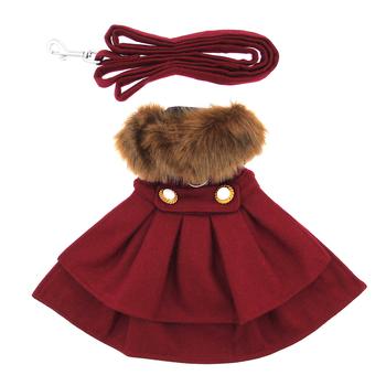 Wool Dog Coat with Faux Fur Collar - Harness Style with Black Fur Trim and Accent Buttons - Elegant Pet Outerwear