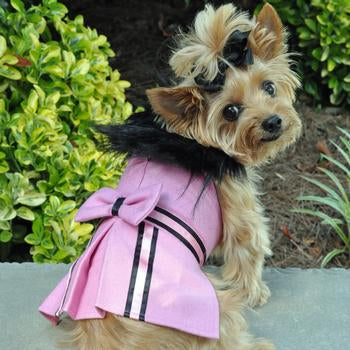 Wool Dog Coat with Faux Fur Collar - Harness Style with Black Fur Trim and Accent Buttons - Elegant Pet Outerwear