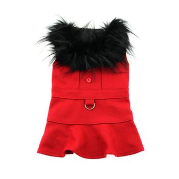 Wool Dog Coat with Faux Fur Collar - Harness Style with Black Fur Trim and Accent Buttons - Elegant Pet Outerwear